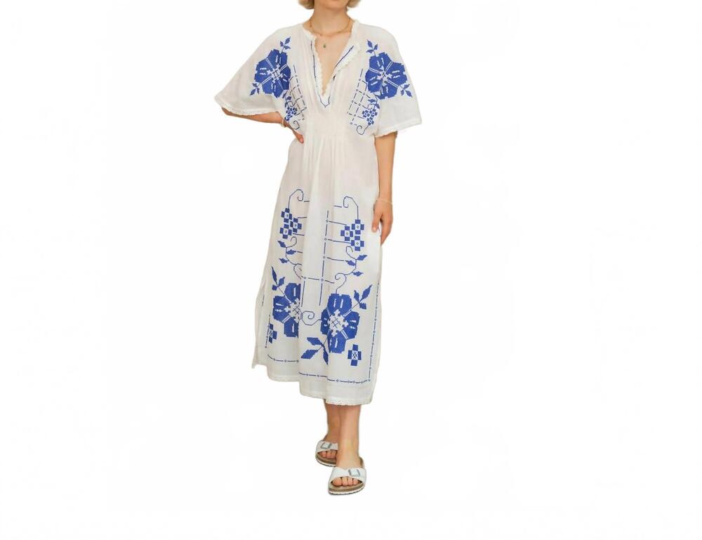 NEW M.A.B.E. laney embroidered dress in ivory/blue